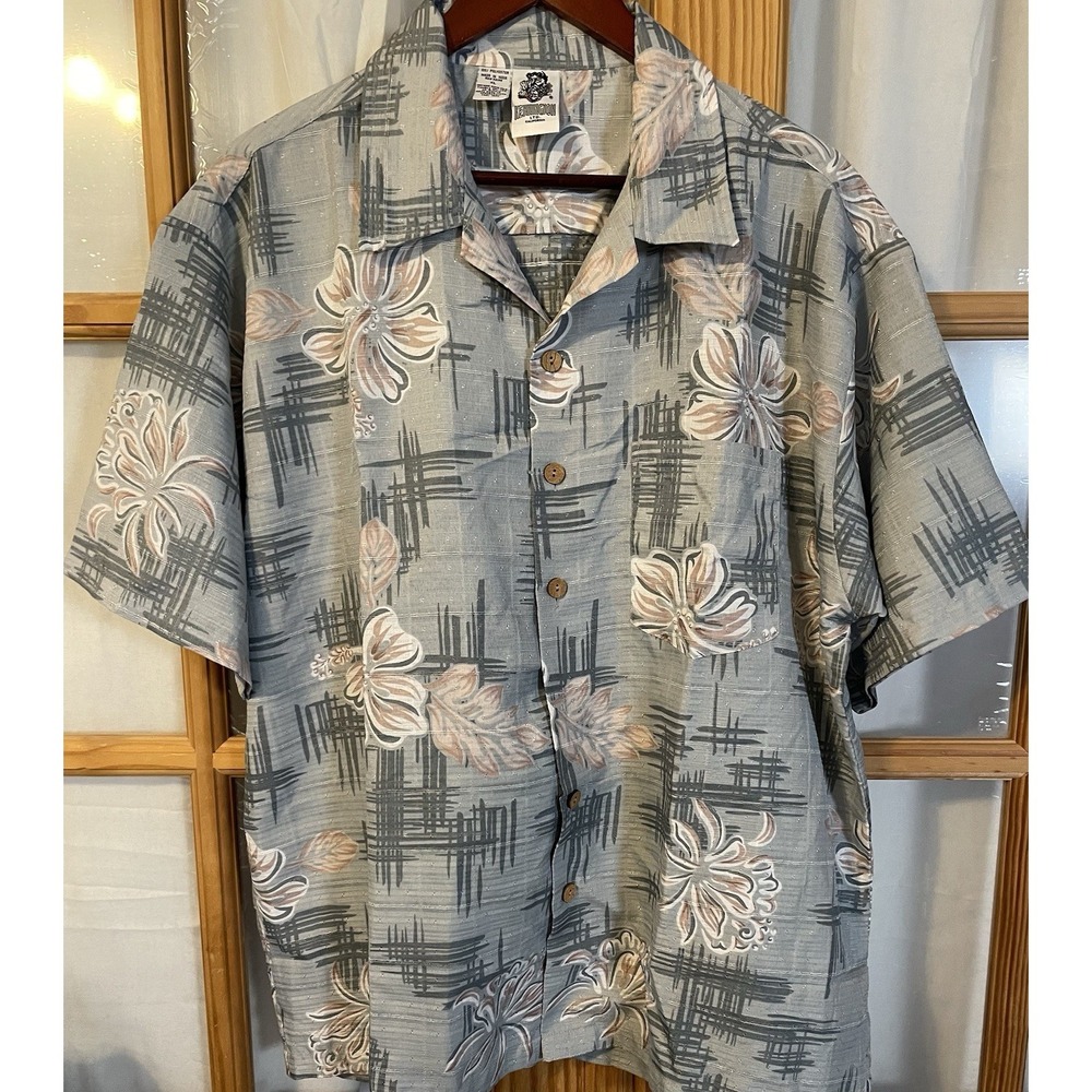 90s Kennington Hawaiian Button Shirt Mens XL Gray Peach Aloha Camp Beach Party